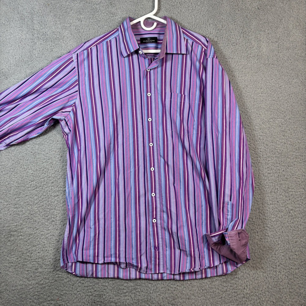 Bugatchi Uomo Shirt Mens XXL Purple Blue Striped Long Sleeve Cotton Button Down